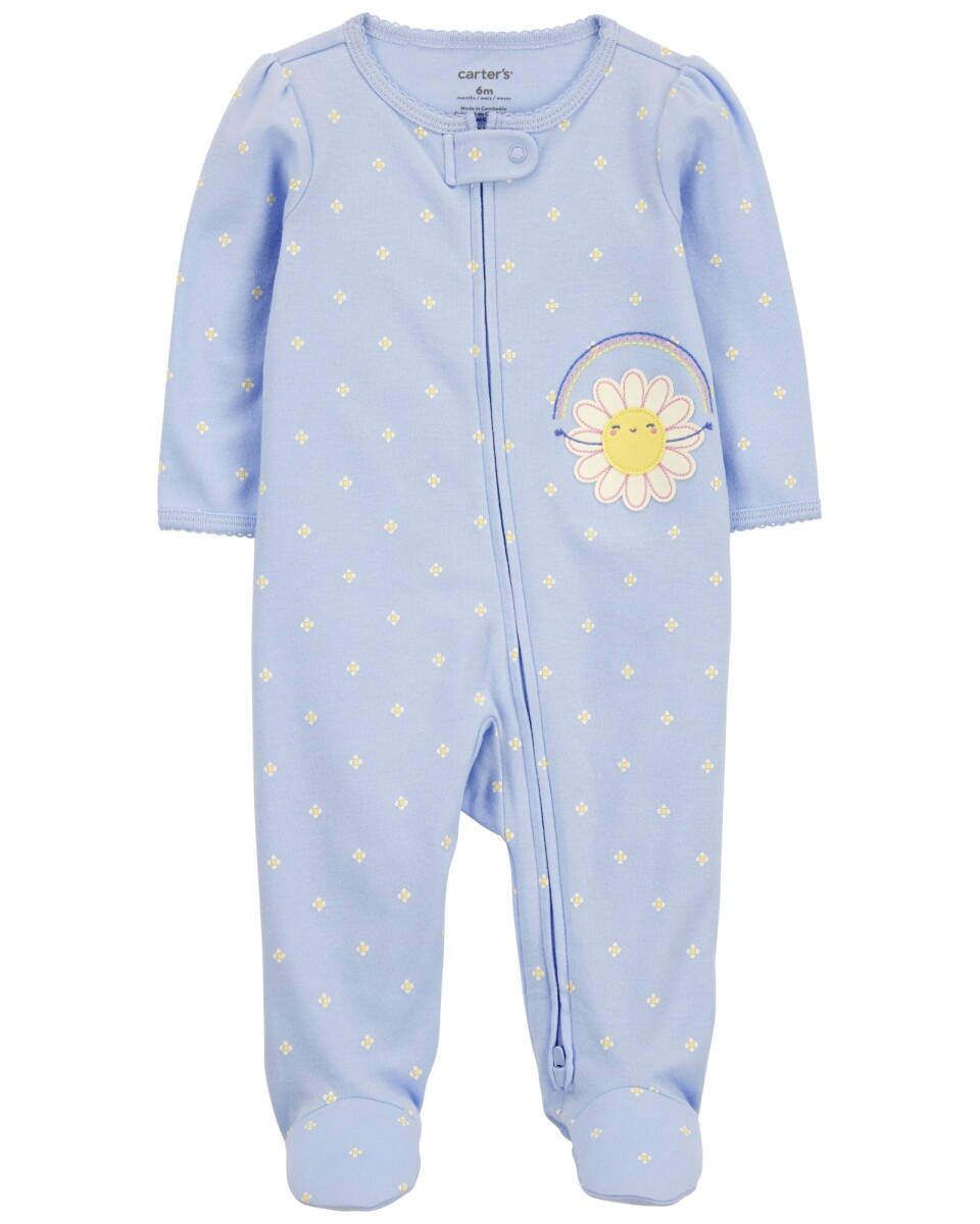 Pijama una pieza de algodón, con pie, azul, diseño floral. Talles 0-9M 