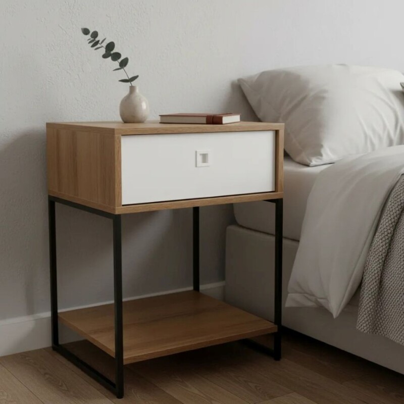 Mesa de luz con 1 cajón y 1 estante. Color miel con blanco. Metal negro Mesa de luz con 1 cajón y 1 estante. Color miel con blanco. Metal negro