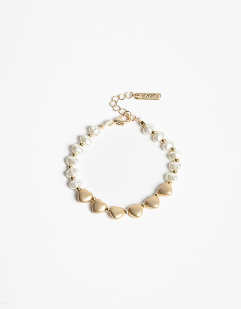 Pulseras Flexibles Perla Pulsera Flexible Perlas Y Corazones - Dorado