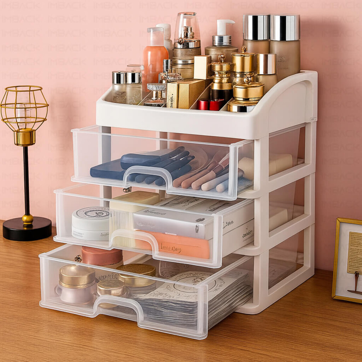 Organizador de Maquillaje Blanco IMBACK IBK-MAQ001 | 3 Cajones + Compartimentos | Diseño Compacto, Elegante y Multifunción 