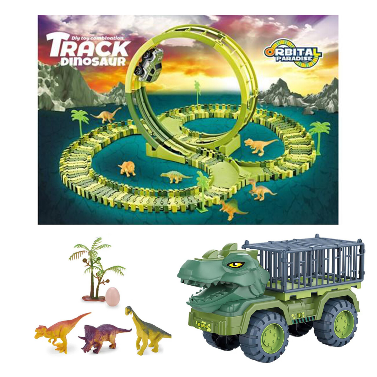 Set Pista Carreras Encastrable Dino 120P + Camión Dinosaurio - Verde 