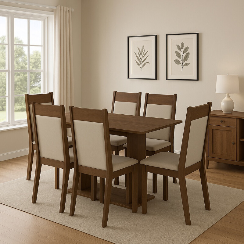 Juego De Comedor 6 Sillas Tapizadas Mesa De Living Rustico Marrón