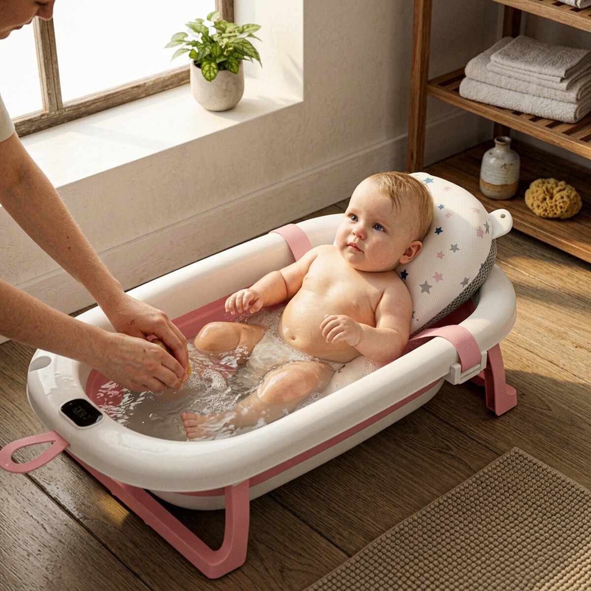 Bañito Plegable Cambiador Baño Con Sensor Temperatura Bañera Bebes Ducha Banito Imback Color Rosa 
