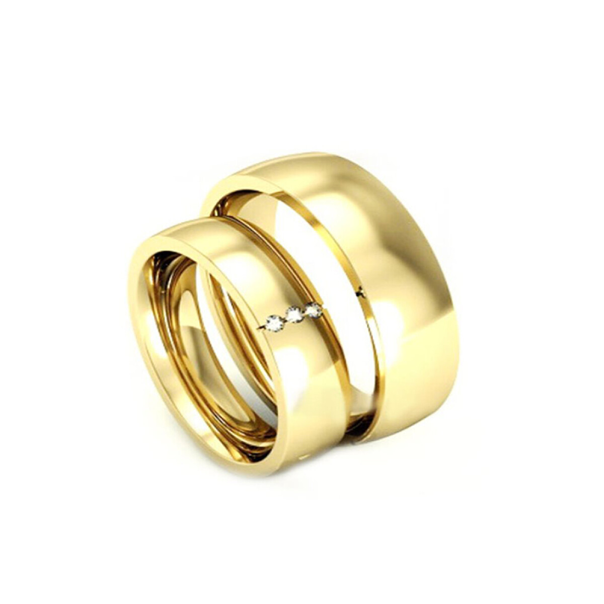 Par de alianzas 5 mm en oro 18k amarillo. La alianza chica con 3 brillantes. 