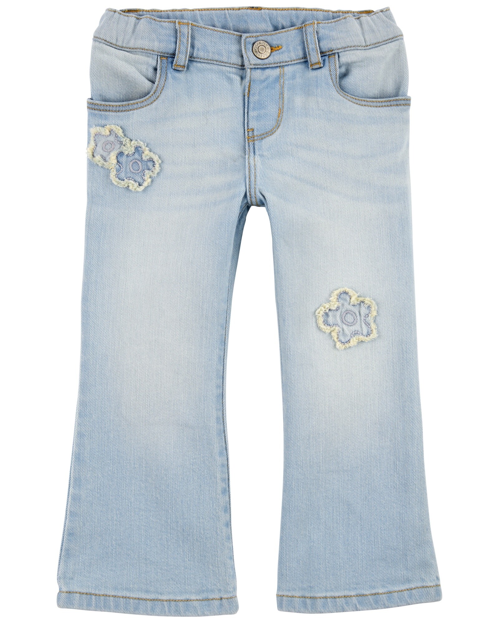 Pantalón jean acampanado, con parches florales Sin color