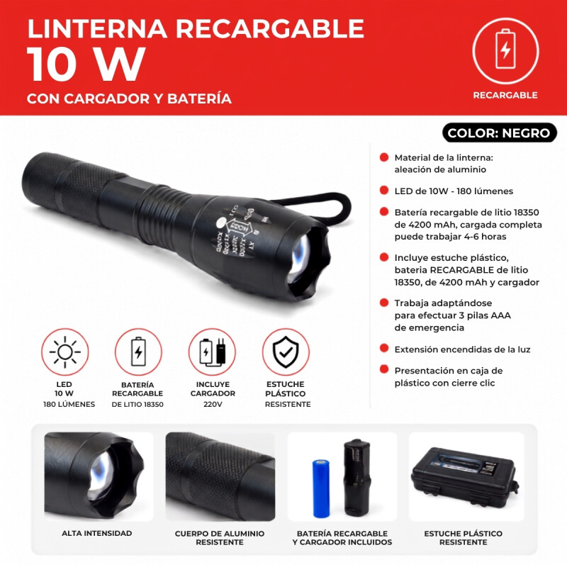 Linterna recargarable 10 W con cargador y batería NEGRO