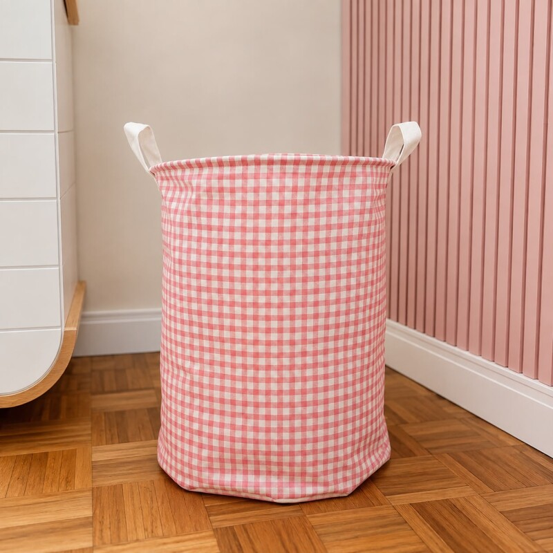 Canasto cesto para la ropa sucia de tela plegable cuadros Rosa