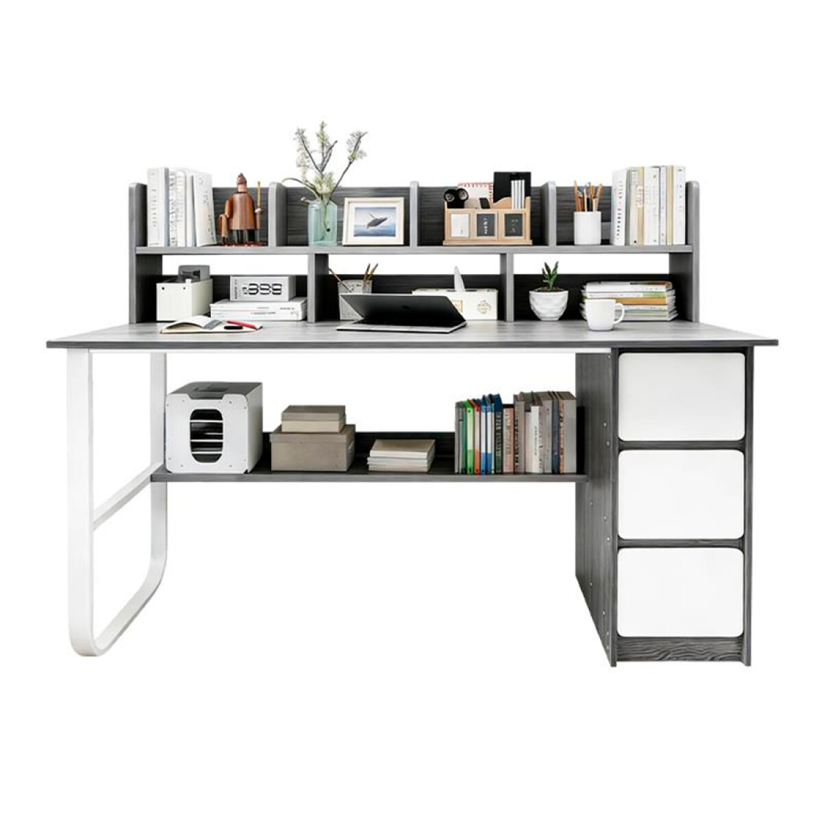 Escritorio 3 Cajones 8 Estantes MDF y Metal esh0027 - GRIS 