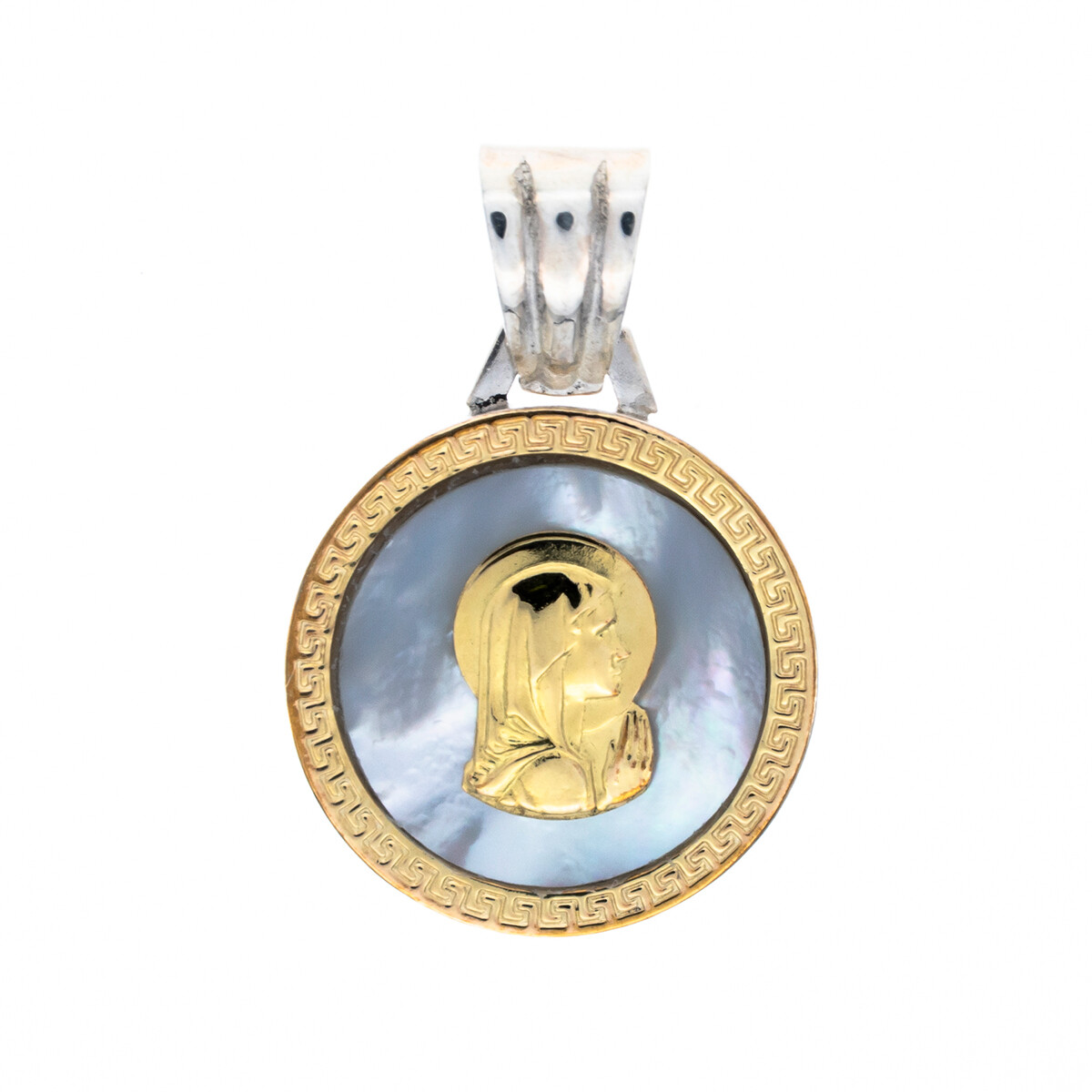 Medalla religiosa de plata 925, double de oro 18 ktes y nácar, VIRGEN MARIA. 