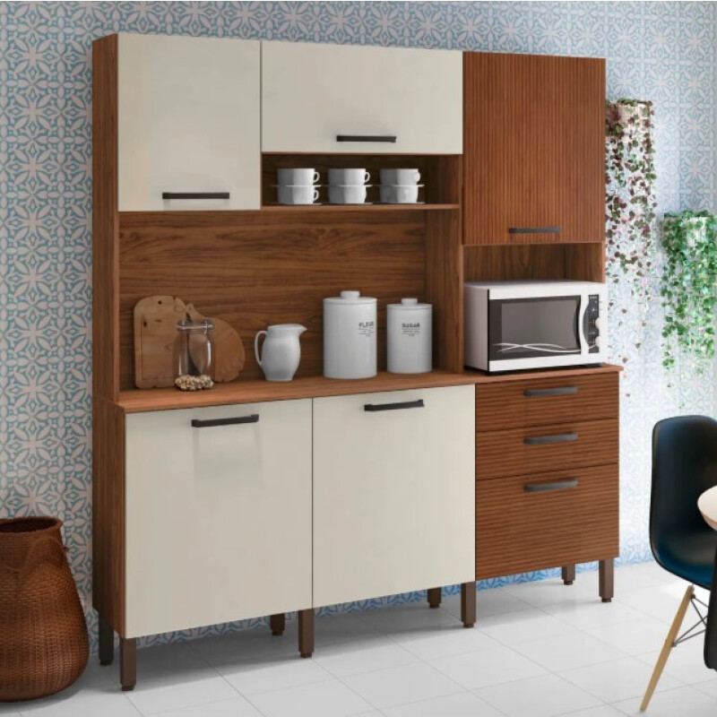 Cocina Compacta FERRARA 6 Puertas 2 Cajones Color Nogal Blanco Roto con Láminas Cocina Compacta FERRARA 6 Puertas 2 Cajones Color Nogal Blanco Roto con Láminas