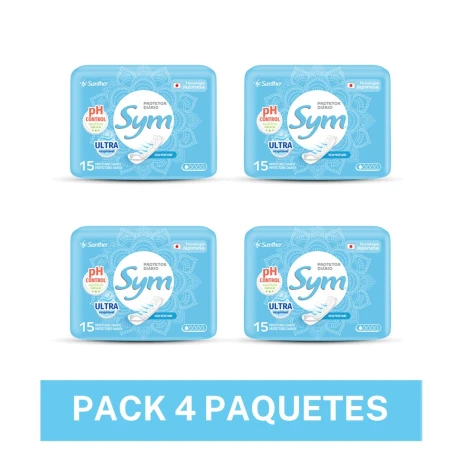 PACK 4 PAQUETES DE PROTECTORES DIARIOS SYM 15 UNIDc/u. PACK 4 PAQUETES DE PROTECTORES DIARIOS SYM 15 UNIDc/u.
