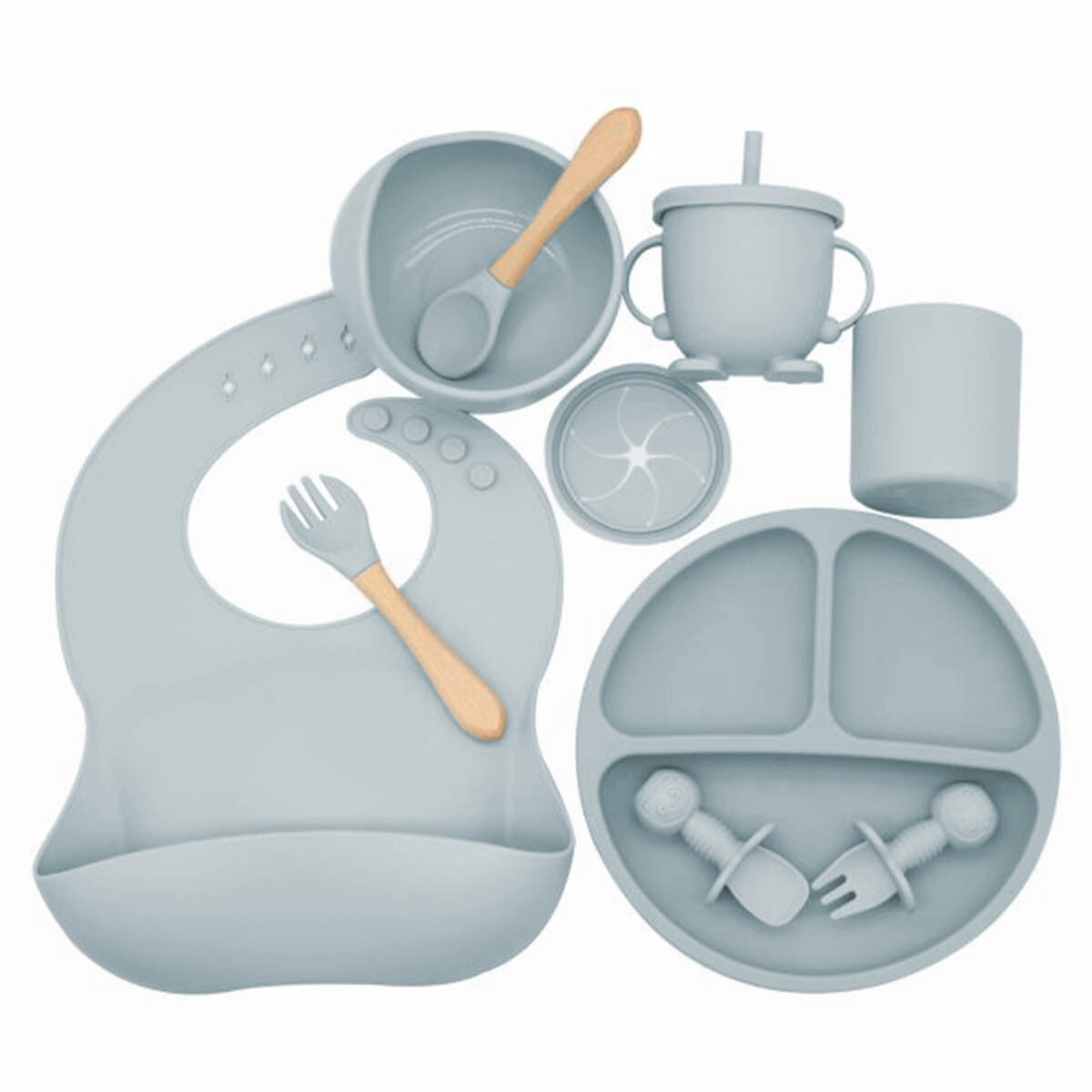 Set X10p Plato Comer Bebe Silicona+ Cubierto Vaso - Gris 