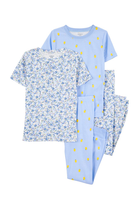 Pijama cuatro piezas de algodón, dos pantalones y dos remeras, diseño floral y abejas. Talles 6-10 Sin color