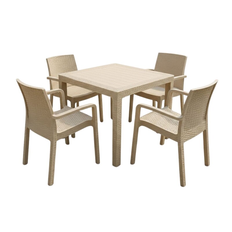 Juego de jardín 4 sillas con apoya brazo + mesa simil ratán 90x90cm BEIGE