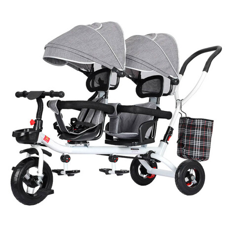 Coche Triciclo Doble Toldo Anti UV Asiento Giratorio Gris Claro