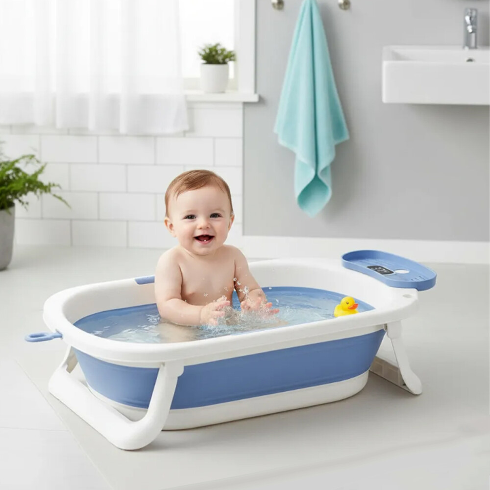 Bañito Para Bebé Plegable Con Termómetro Celeste