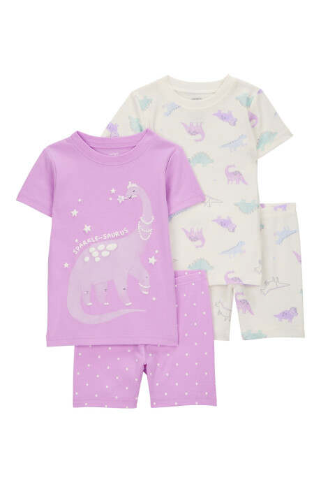 Pijama cuatro piezas de algodón, dos bermudas y dos remeras, diseño dinos Sin color