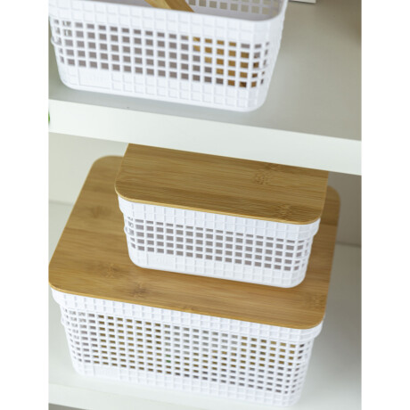 CESTA C/TAPA BAMBÚ PLASTICO-RECICLADO BLANCO GRID 20L