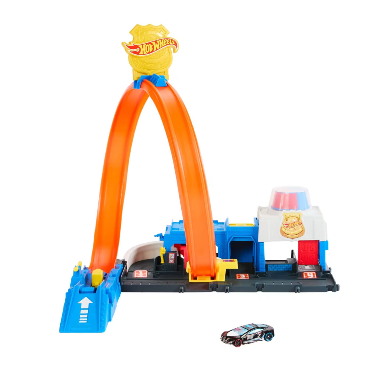 Pista Estación de policía Hot Wheels con auto y pista Looping Regulable 