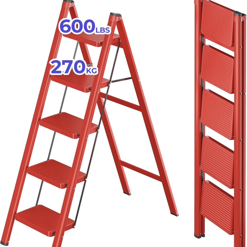 Escalera De 5 Escalones Antidezlisante Y Plegable Rojo