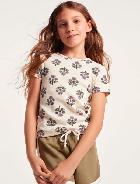 BLUSA CON ESTAMPADO EN TELA ACANALADA BEIGE
