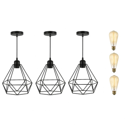 Lampara Colgante Jaula Diamante Pack X3 + Bombita Negro