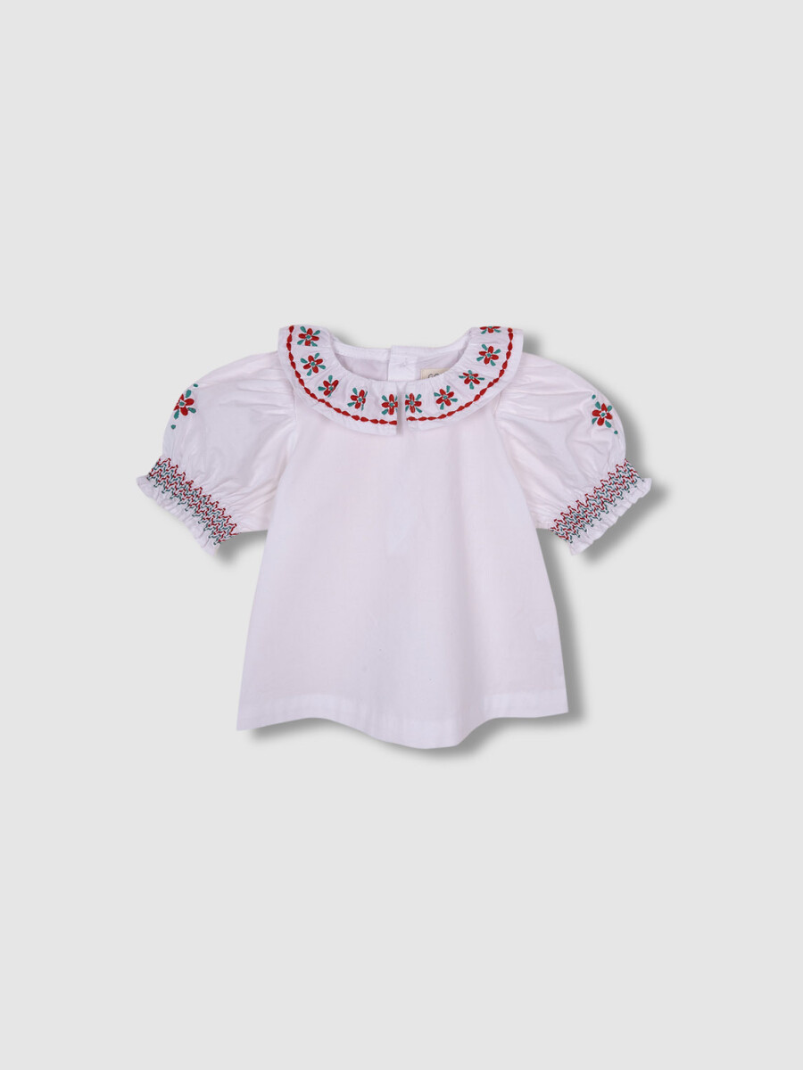 Camisa Cuello Volante Y Bordados Blanco