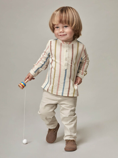 Camisa Cuello Mao Rayas Multicolor Crudo