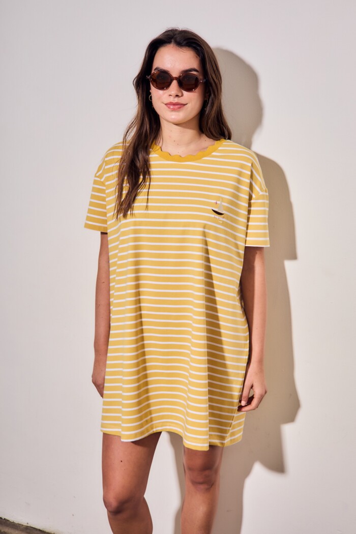 Vestido Manga Corta Rayado Amarillo