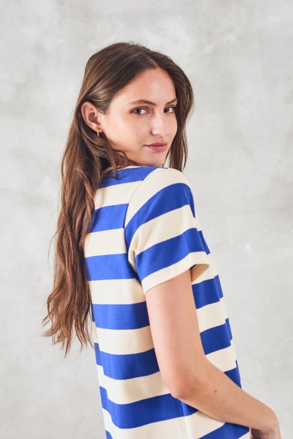 Vestido Rayado Con Lino Azul Francia