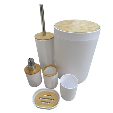 Set de baño 6 pz blanco y madera (papelera-dispensadores) Set De Baño 6 Pz Blanco Y Madera (papelera-dispensadores)