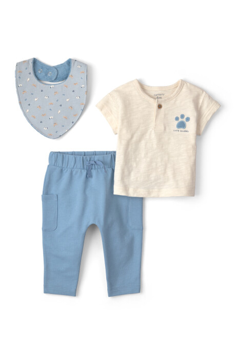 Set tres piezas de algodón, pantalón, remera y babero, azul y crema, diseño perros Sin color