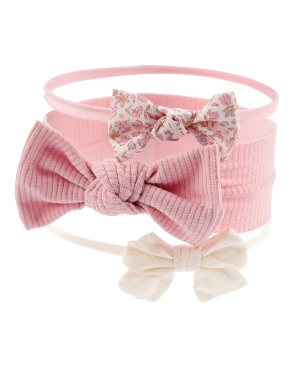 Pack tres vinchas con moña, colores rosa y neutro 