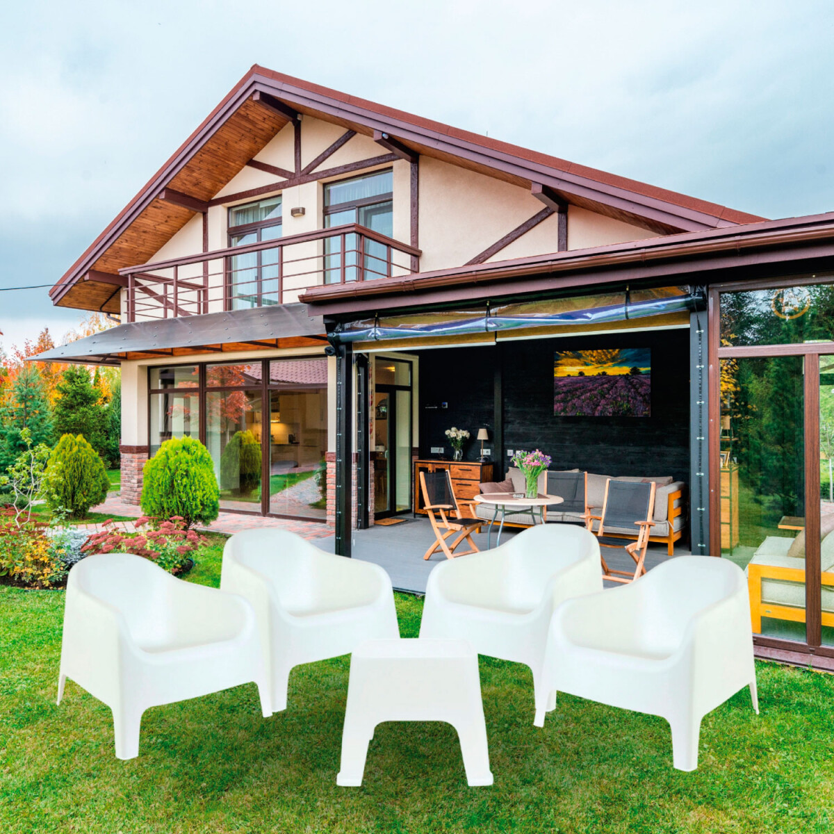 Set de 4 Sillas Skarpo + Mesa de exterior - Blanco 