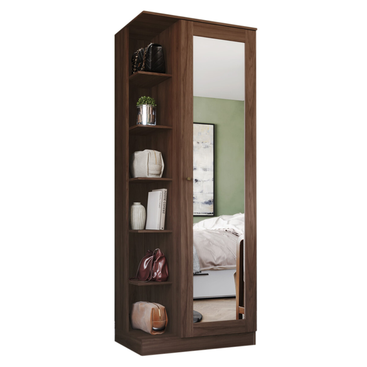ROPERO 1 PUERTA GUARDARROPA ARMARIO PLACARD CLOSET CON ESPEJO Y ESTANTES - MARRÓN OSCURO 