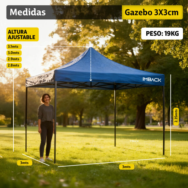 Gazebo Plegable 3x3 M Auto armable Toldo Playa Jardin Carpa Tela 600d IMBACK Color Azul Gazebo Plegable 3x3 M Auto armable Toldo Playa Jardin Carpa Tela 600d IMBACK Color Azul