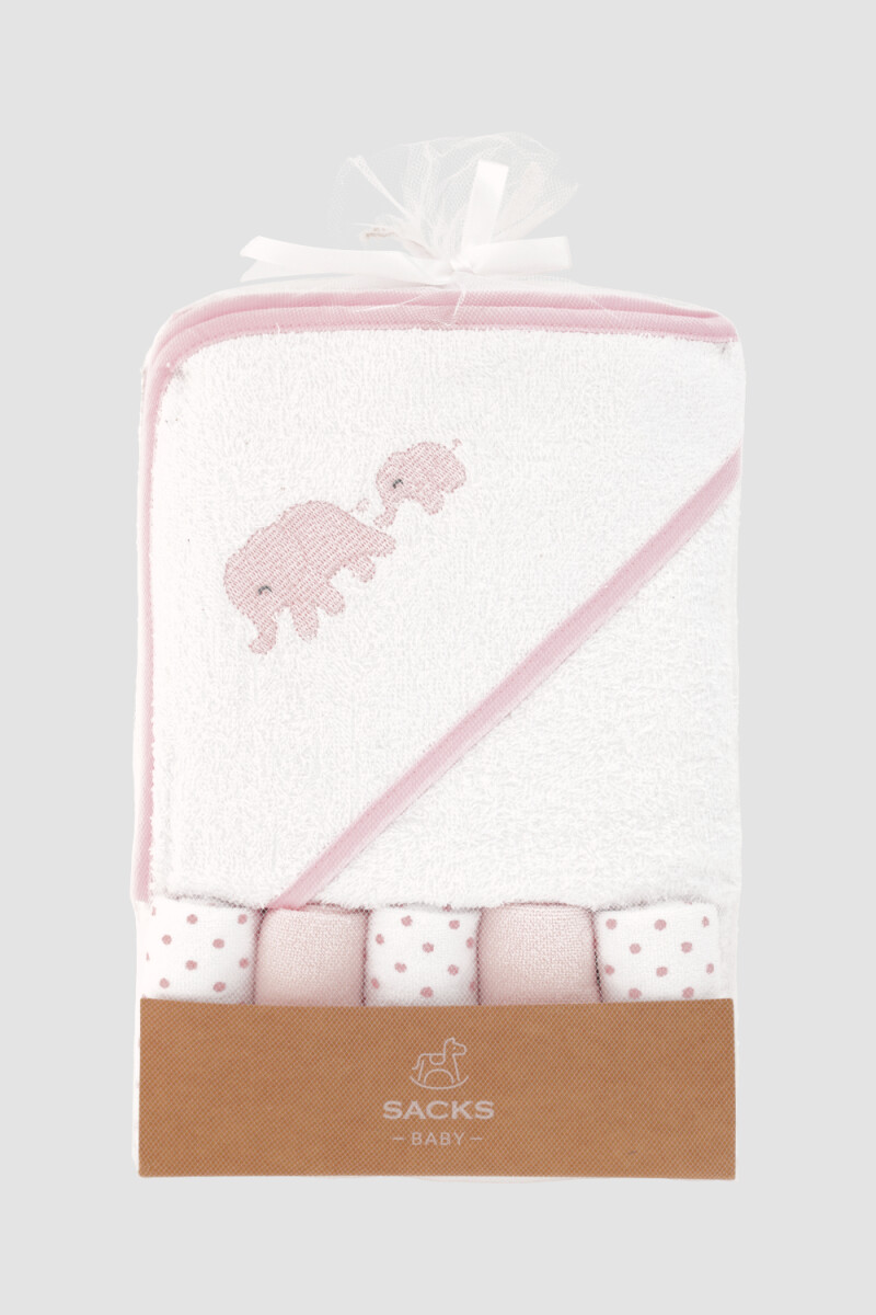 Toalla con capucha + 5 babitas bebe elefante Rosado