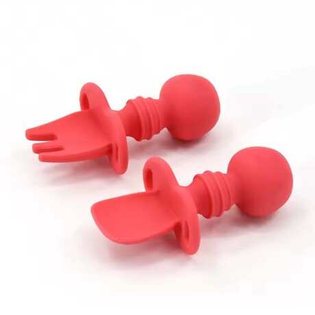 Set Comida Bebé Silicona Plato Divisiones + Cuchara Tenedor Salmón/rojo