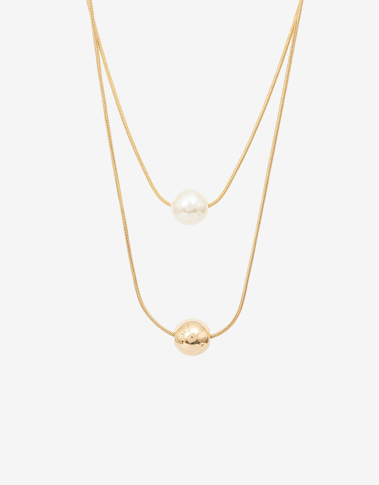 Collares Cortos Perla Collar Doble Cadena Con Esferas - Dorado
