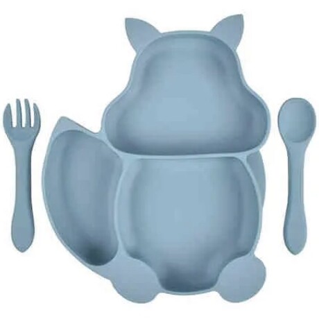 Set plato silicona ardilla con ventosa + cubiertos Celeste