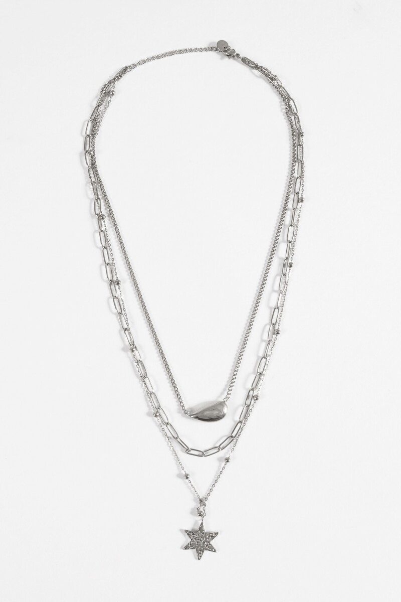 Collar triple vueltas dijes acero plateado
