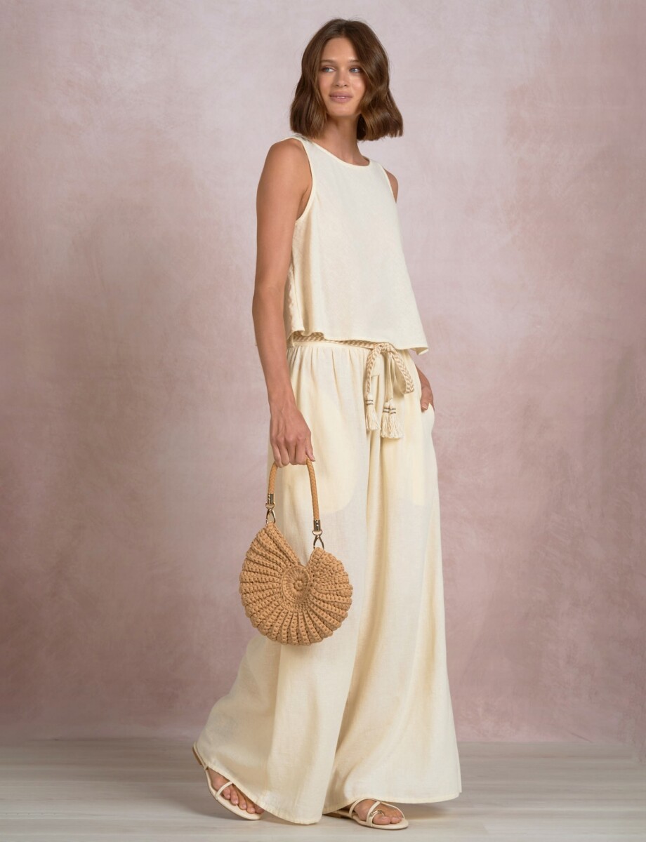 Pantalon Palazzo Algodon Lino Con Cordón Trenzado - Beige Claro 