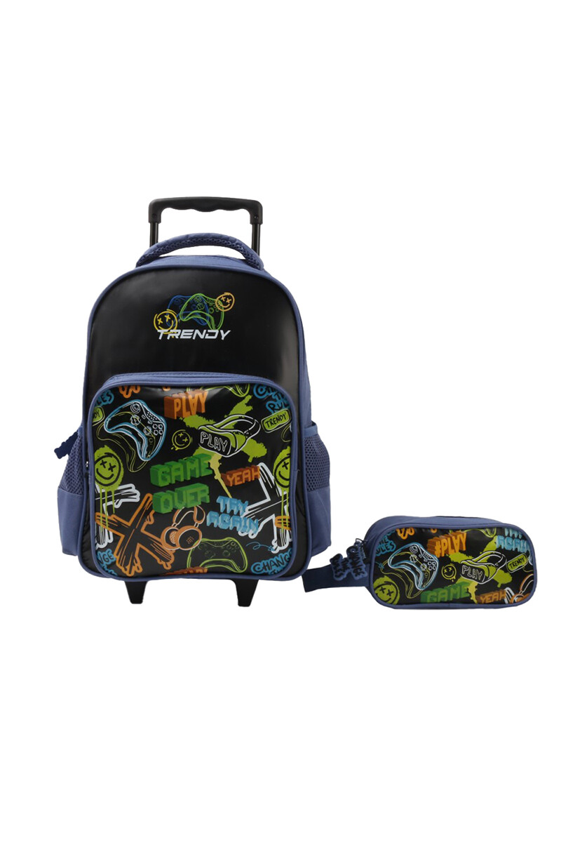 Mochila con carrito + cartuchera Trendy Azul