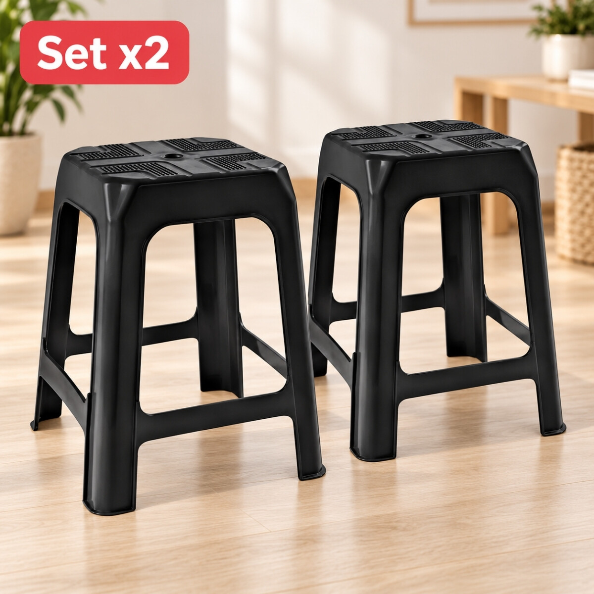 Set x2 Banqueta apilable de plástico resistente - NEGRO 