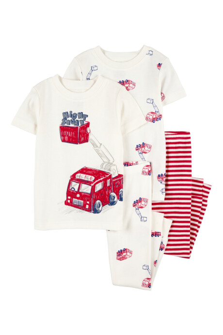 Pijama cuatro piezas de algodón, dos pantalones y dos remeras, diseño bomberos Pijama cuatro piezas de algodón, dos pantalones y dos remeras, diseño bomberos