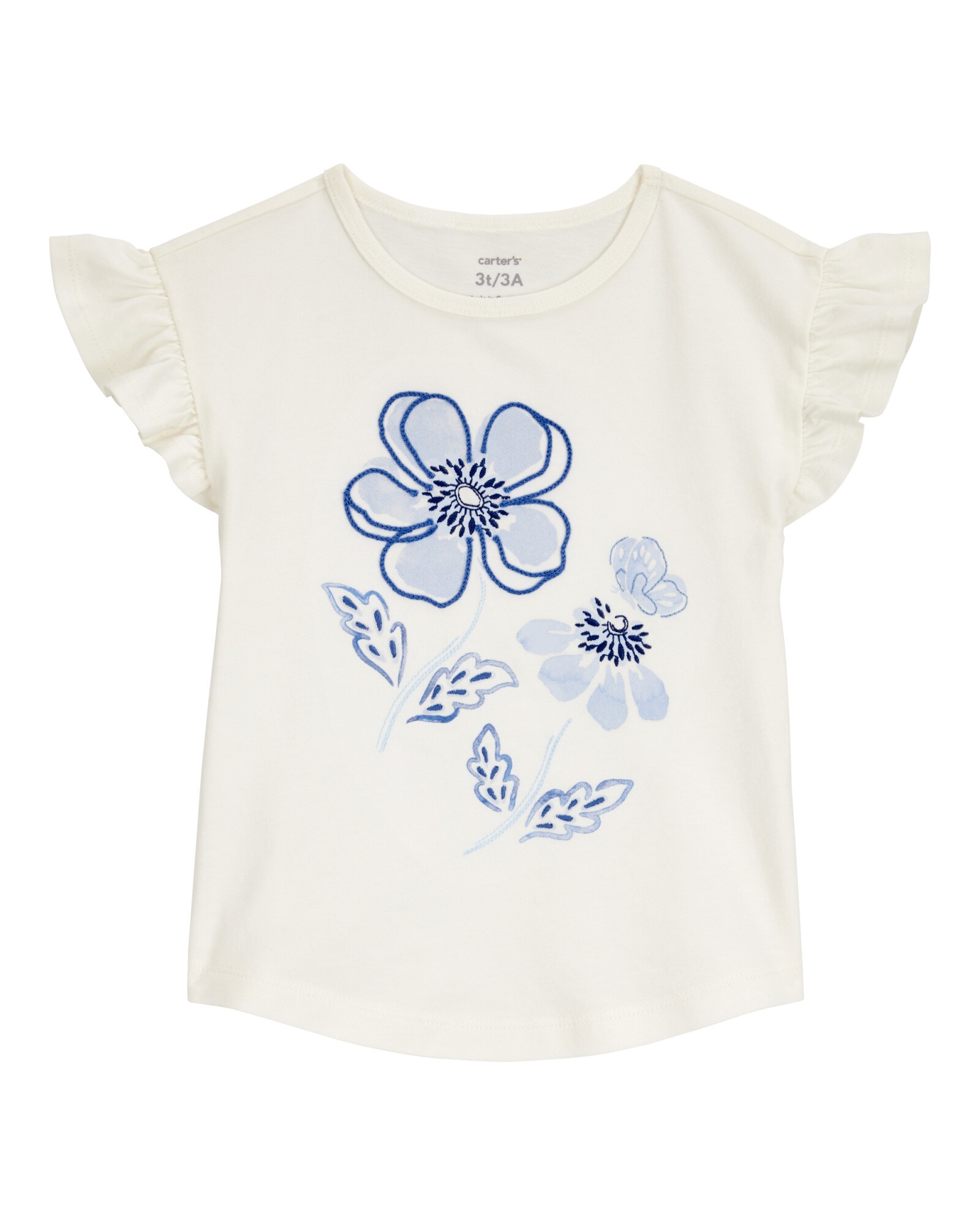 Blusa de algodón, manga con volados, diseño floral Sin color