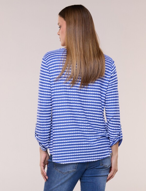 Remera Texturada A Rayas Con Escote V AZUL/BLANCO