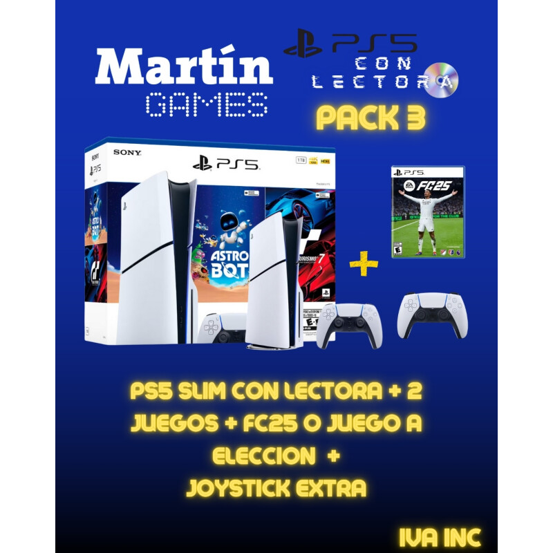 PS5 SLIM CON LECTORA + ASTROBOT + GRAN TURISMO 7 + FC 25 O JUEGO A ELECCIÓN + JOYSTICK ORIGINAL EXTRA PS5 SLIM CON LECTORA + ASTROBOT + GRAN TURISMO 7 + FC 25 O JUEGO A ELECCIÓN + JOYSTICK ORIGINAL EXTRA
