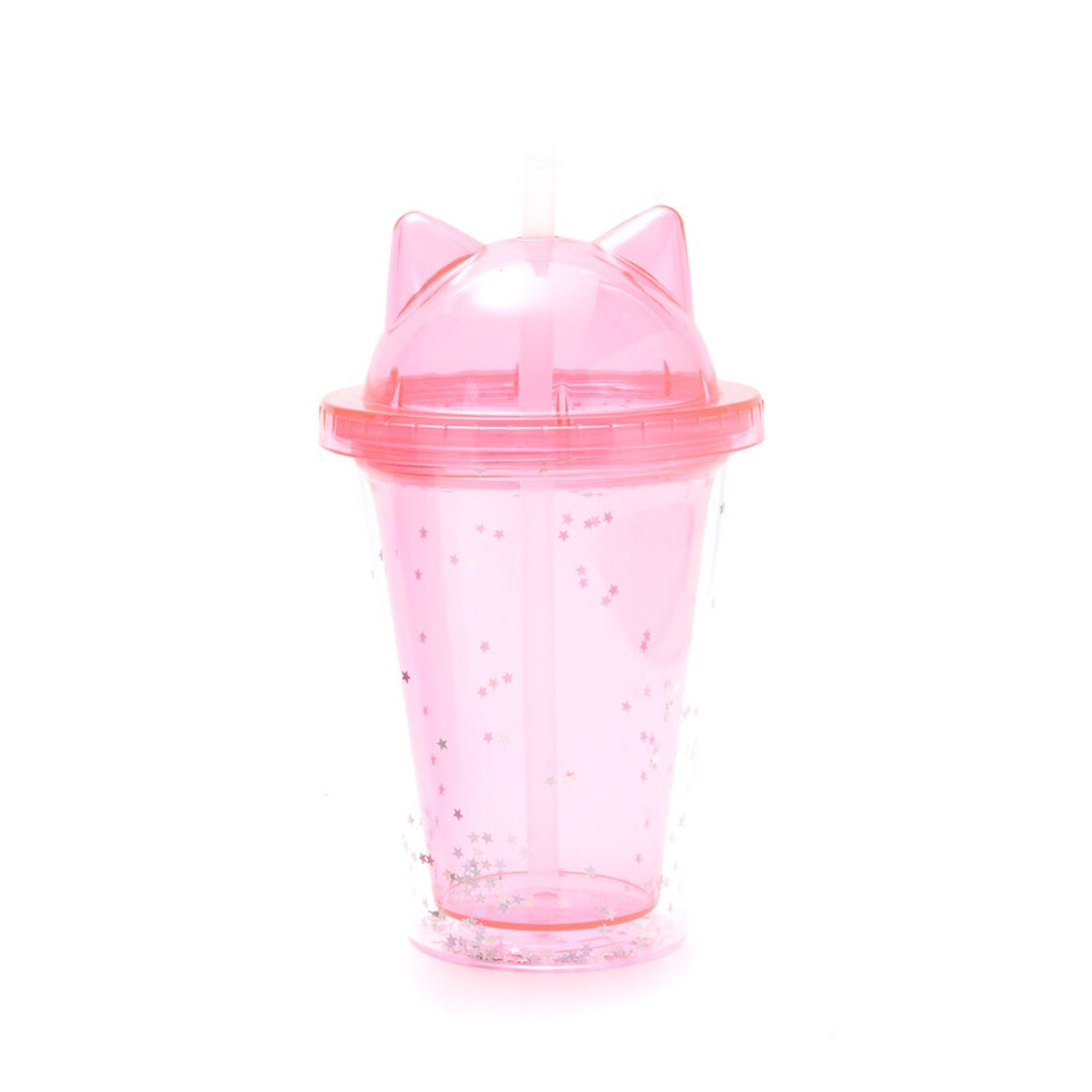 Vaso plástico orejas gatito con tapa y sorbete – 350ml - Rosado 