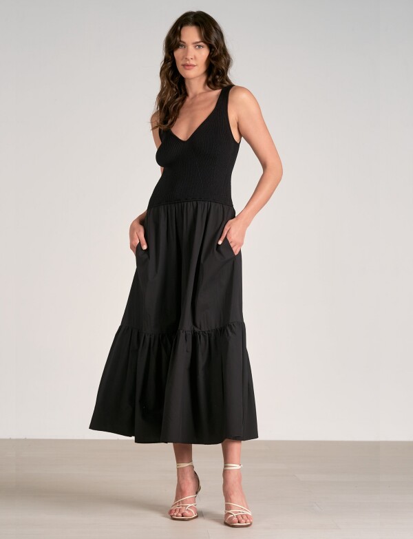 Vestido Bicolor De Punto Acanalado Y Falda Fluida NEGRO